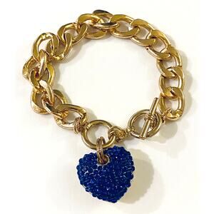 Gold Toggle Bracelet with Blue Crystal Heart Charm Valentine's Day